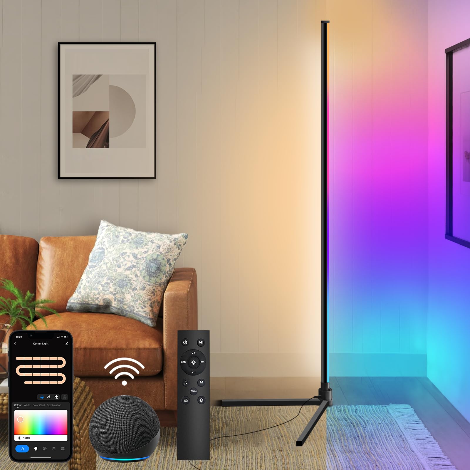 Hzitcigm LED Lámpara de Pie, WiFi RGBIC Lámpara de Pie Moderna RGB Lámpara de Pie Regulable Luz Ambiental de Esquina Funciona con Alexa/Google Home y App, Lampara Inteligente con Remoto para Salon