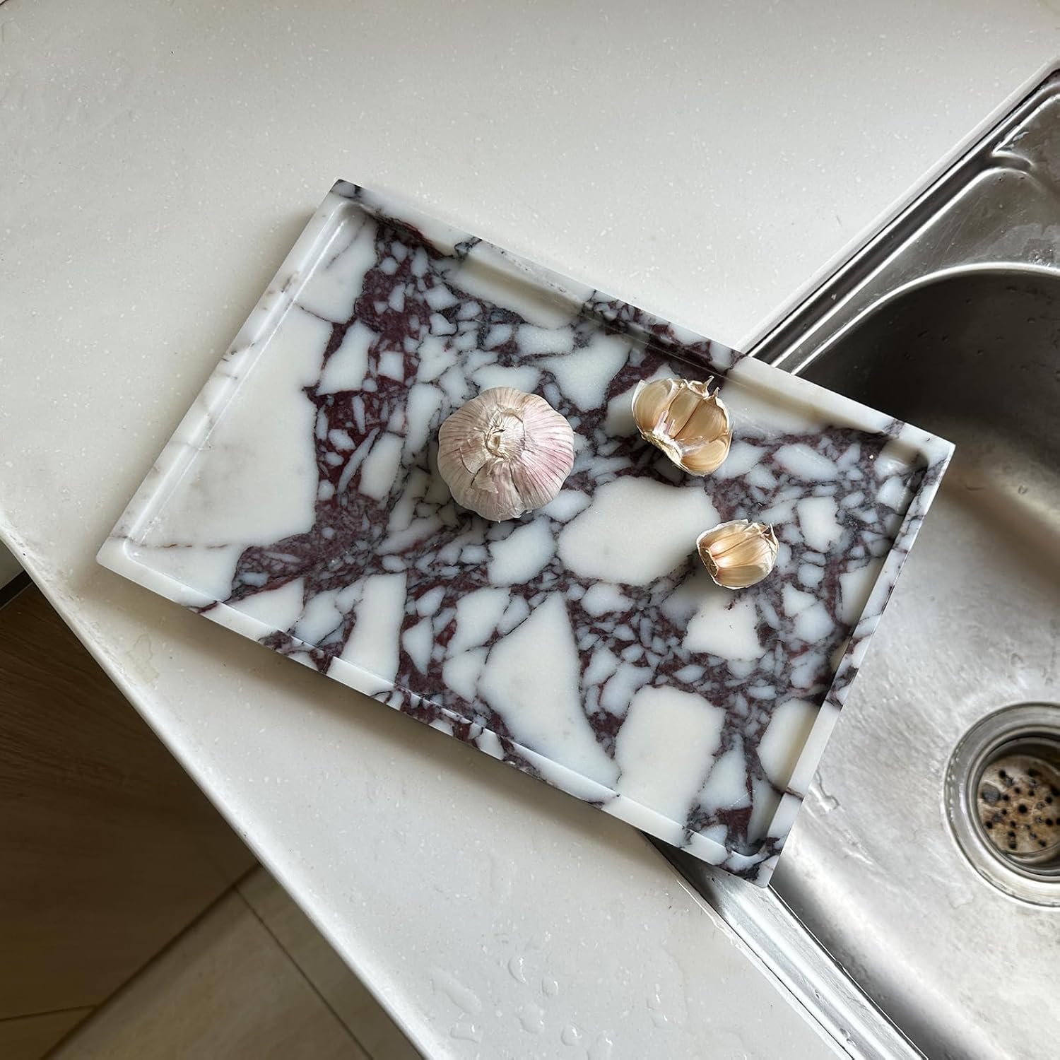 Real Natural Marble Tray Genuine Calcutta Viola Marble Stone Tray for Bathroom/Kitchen Counter (Calacatta Viola, 12" x 8")