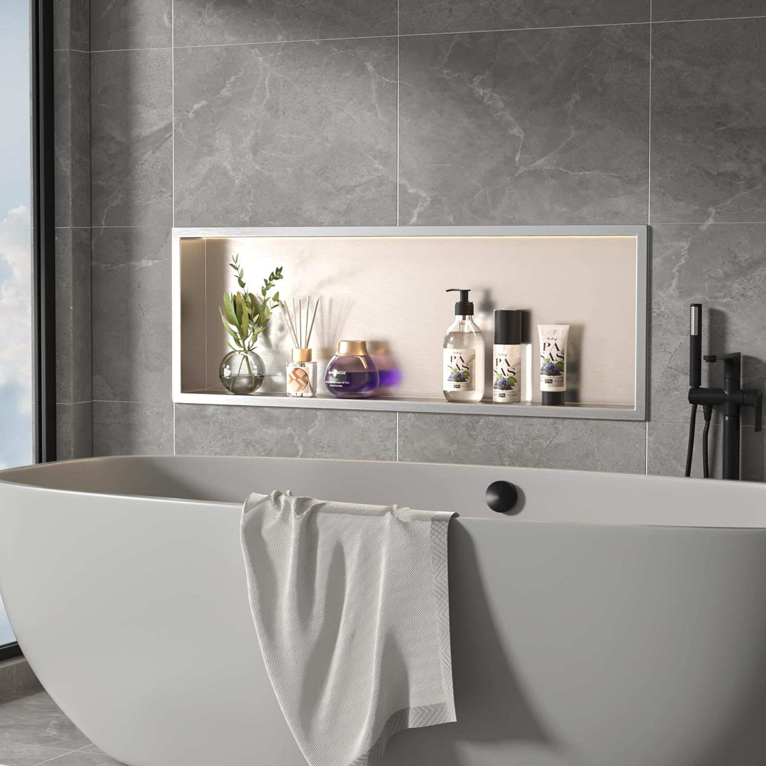 Led Shower Niche 36" X 12" Brushed 304 Stainless Steel with Lighting Waterproof No Tile Need Shower Niches for Bathroom Storage Recessed Wall Niche