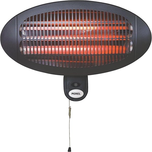 Perel Calefactor de terraza 2000W cuarzo, IP34 resistente al agua, montaje mural con cordón, 3 niveles de calor, inclinable 45°, calefactor exterior para terraza balcón porche jardín negro - 1