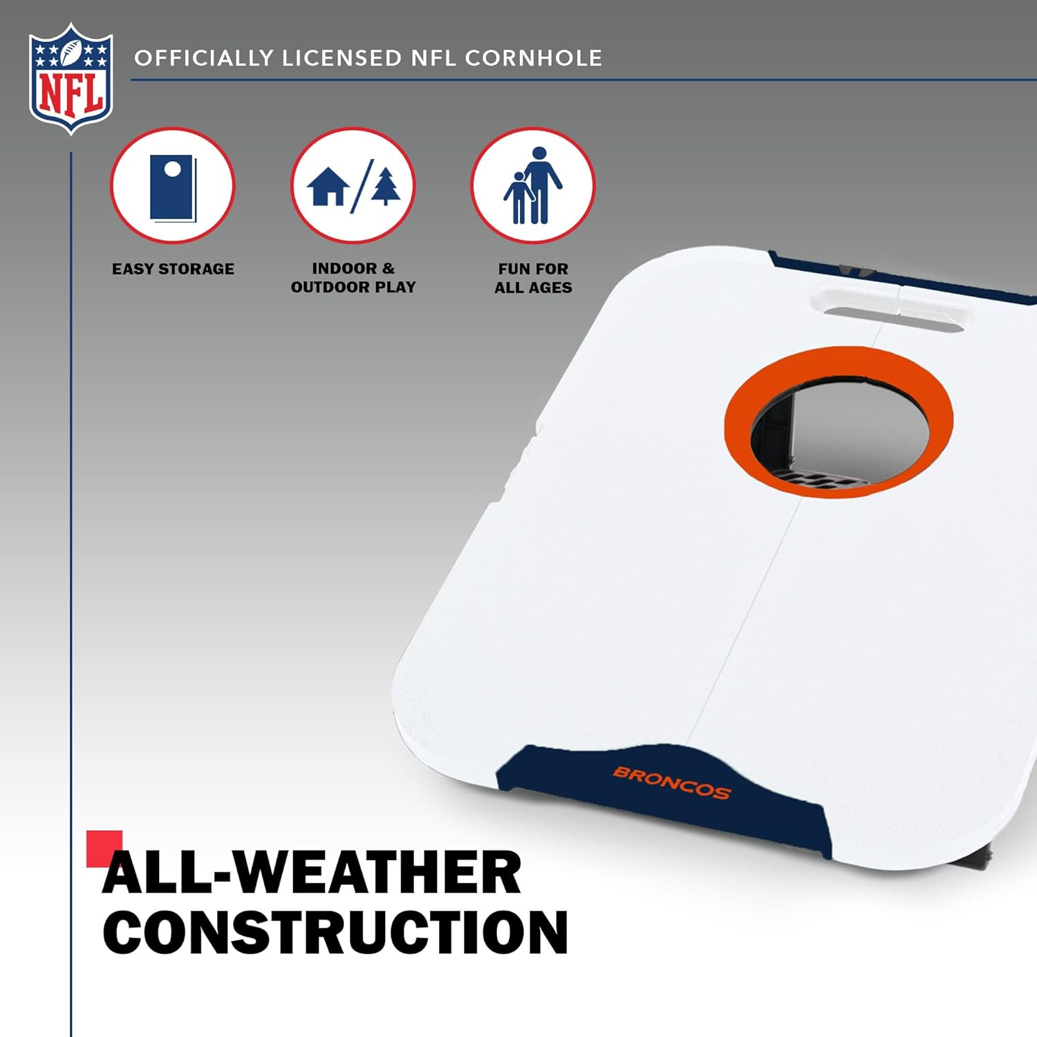 Wild Sports NFL Denver Broncos Pro Football All-Weather Cornhole Set - Travel Bean Bag Toss Set Includes 8 Bean Bags