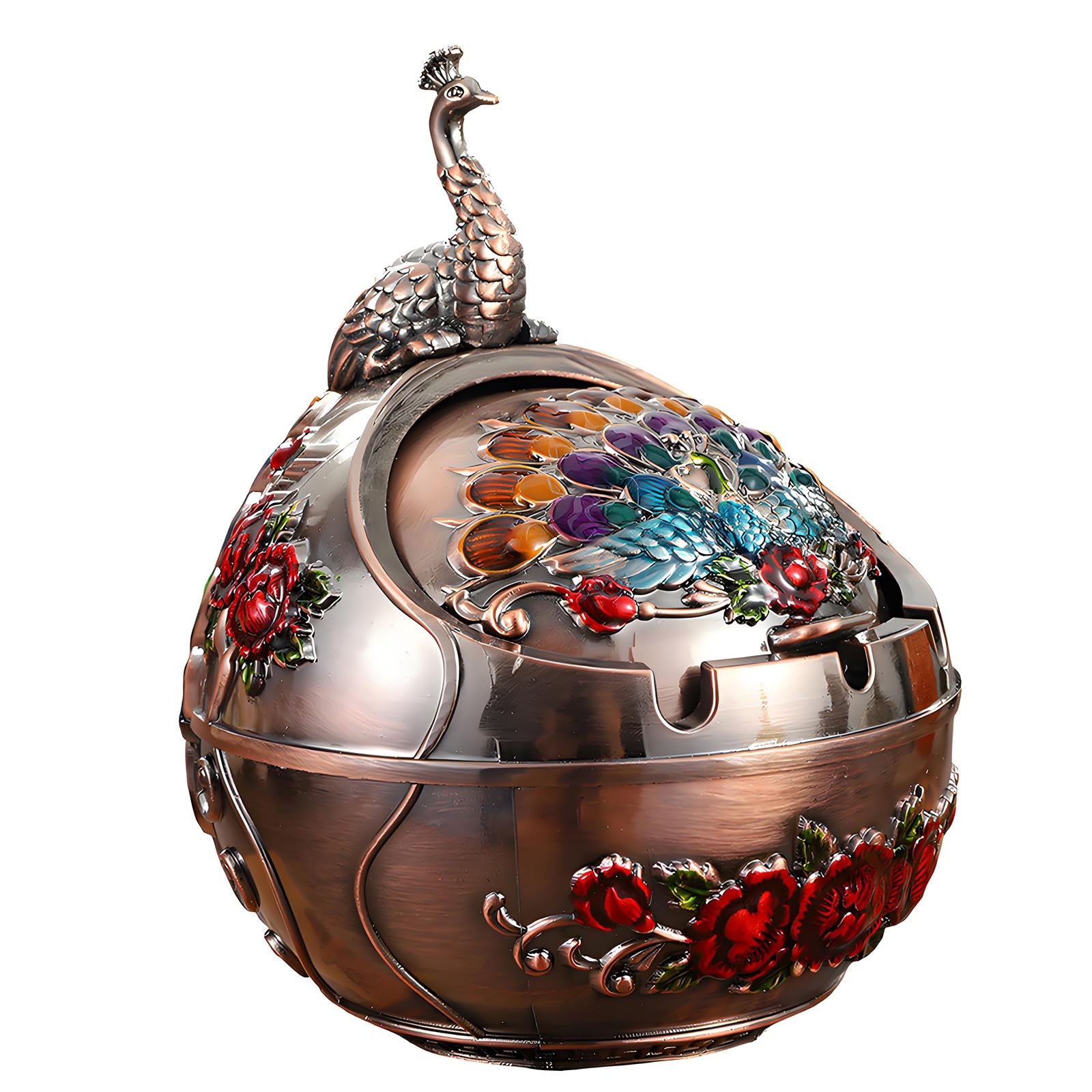Covered Windproof Ashtray Holder with Lid, Decorative Metal Tabletop Ashtray with Bird Ornament and Two Rest Slots for Balcony Use Covered Wind Guard Holder Decorative Metal Tabletop Tray Lidded Bird