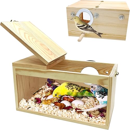 PINVNBY Caja de anidación de periquitos de madera natural, caja de cría de periquitos, nido acrílico para pájaros para jaula, panorámica