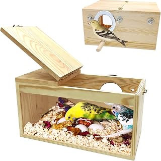PINVNBY Natural Wood Parakeet Nesting Box Budgie Breeding Box Acrylic Bird Nest for Cage Transparent Panoramic for Parrots, Cockatiels, Lovebirds, Canaries, and Small Birds (M: 9.8 x 5.3 x 5.3 inch)