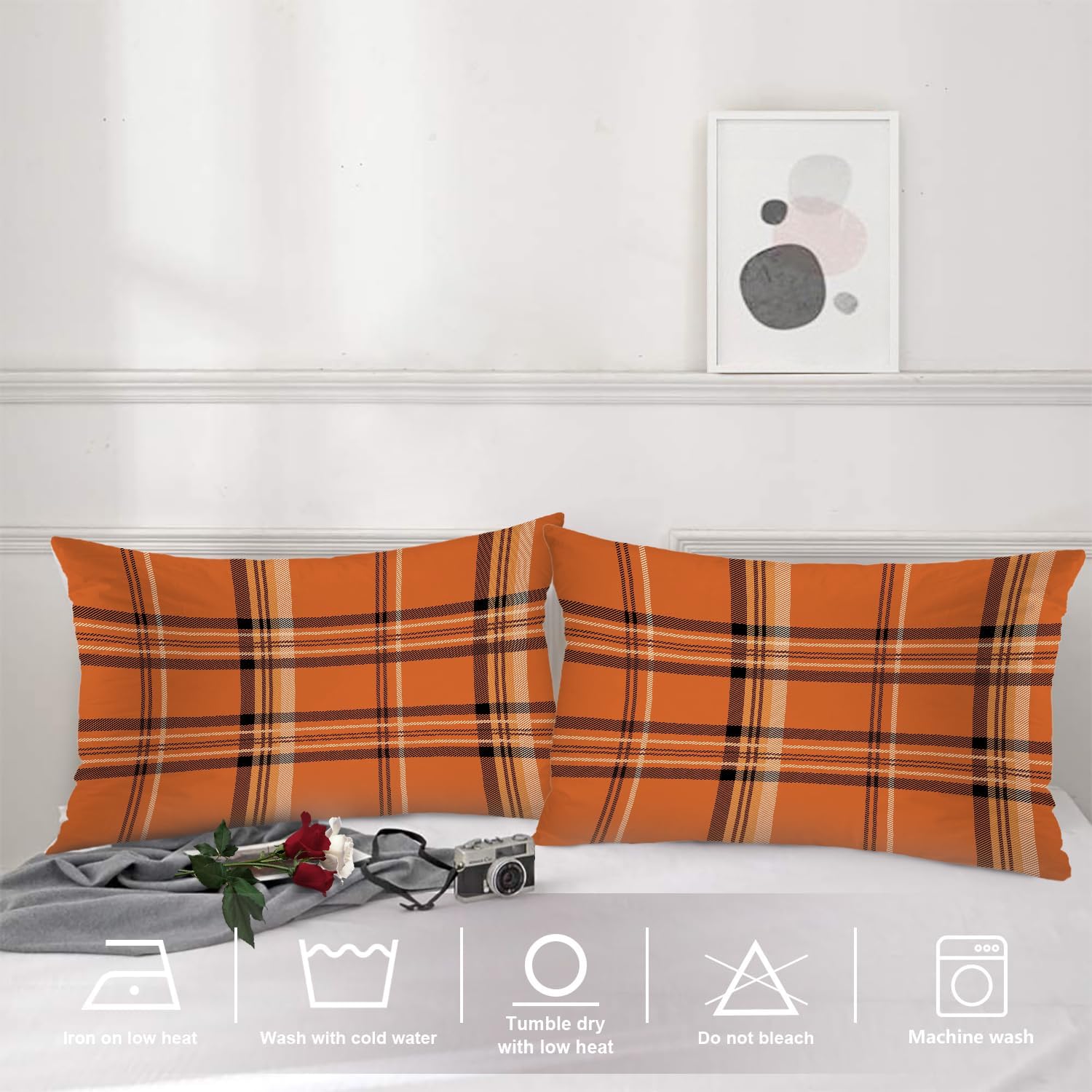 Shrahala Orange Plaid Pillowcases, Red White Buffalo Gingham Check Pattern Lumbar Pillow Cover Decorative Blended Double-Sided No Inserts for Bedroom Sofa Living Room Set of 2 (26 X 20 in)