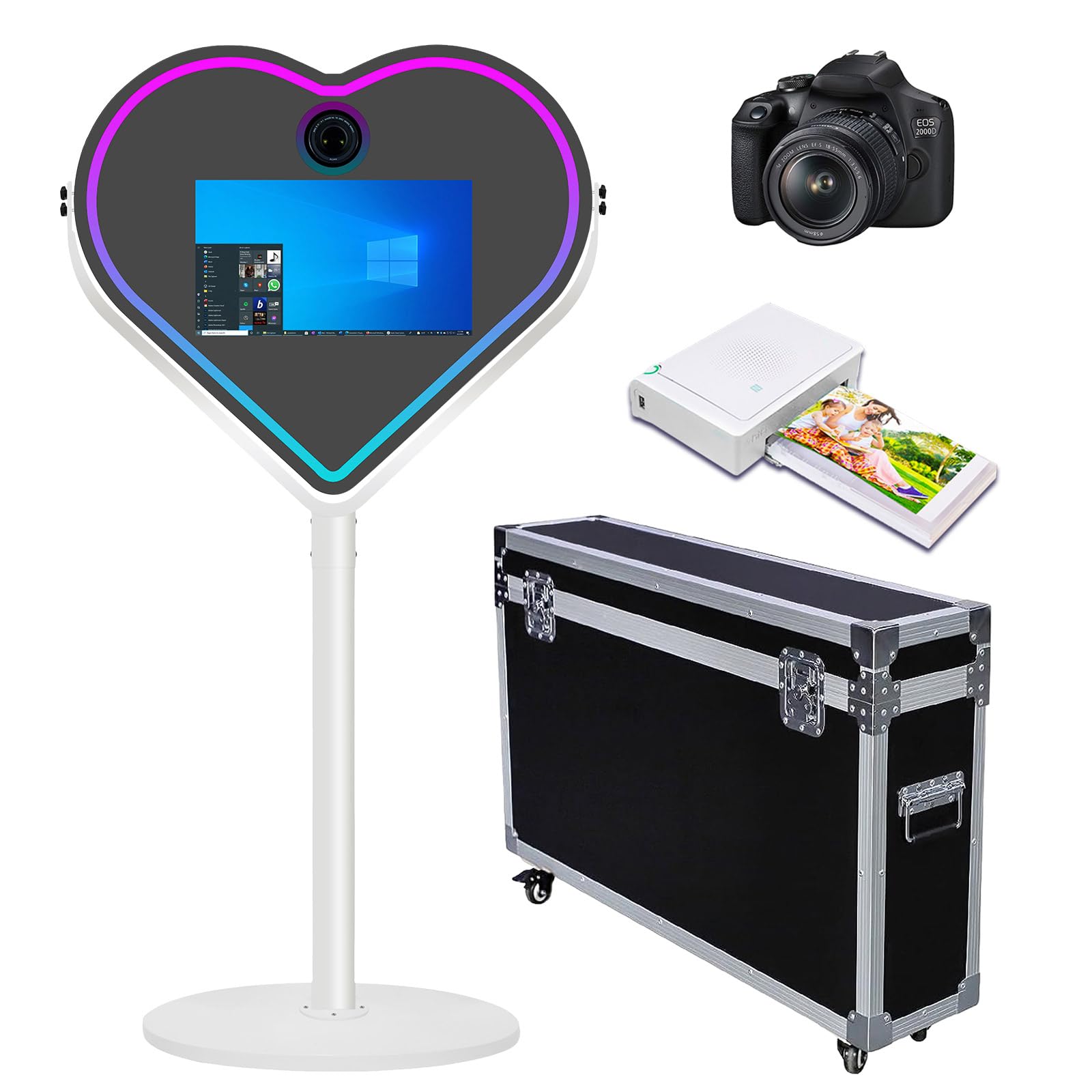 Heart-Shaped Mirror Photo Booth with RGB Light Selfie LED Frame Portable 21.5in Touch Screen Magic Mirror Booth Machine for Party Events Wedding (White, Photo Booth+Camera+Mini Printer)