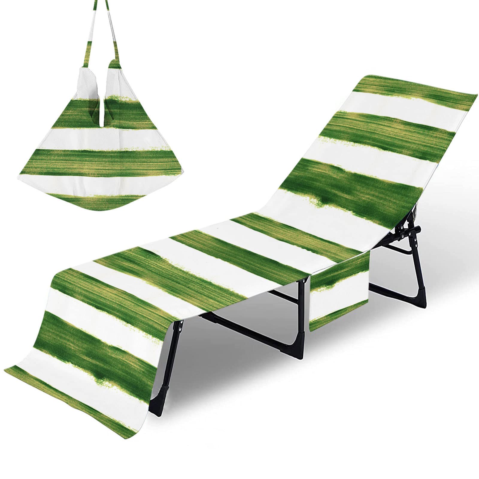 Morbuy Sun Lounger Beach Towel with Pockets, Stripes Pattern Beach Lounger Towel Beach Chair Cover Towel Fitted Microfiber Sunbed Towel Sun Lounger Towels for Summer Vacation (Dark Green)