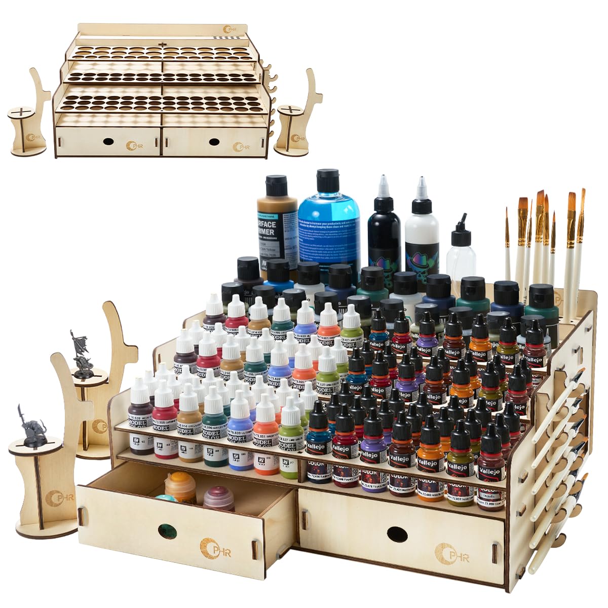 OPHIR Wooden Paint Rack Organizer, Miniature Paint Holder with 104 Holes of 2 Sizes for Model Miniature Paints, Includes 2 Drawers, 2 Painting Handles, 1 Brush Holder, 25 Paintbrush Holes