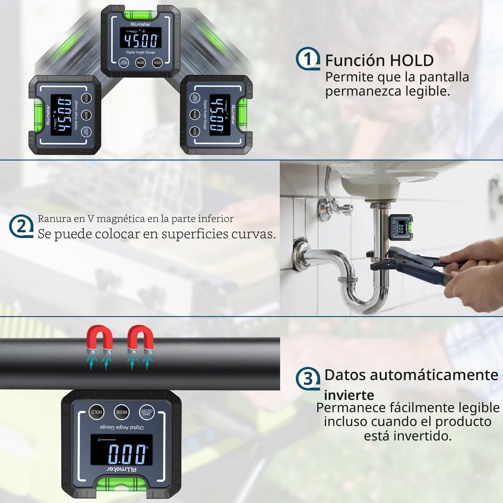 Inclinómetro Digital 0-360 ° 4x90 ° Buscador de Ángulo Digital，Medidor de Angulos Digital con Ranura en V Base Magnético LCD Retroiluminación para Construcción Hogar Carpinteria