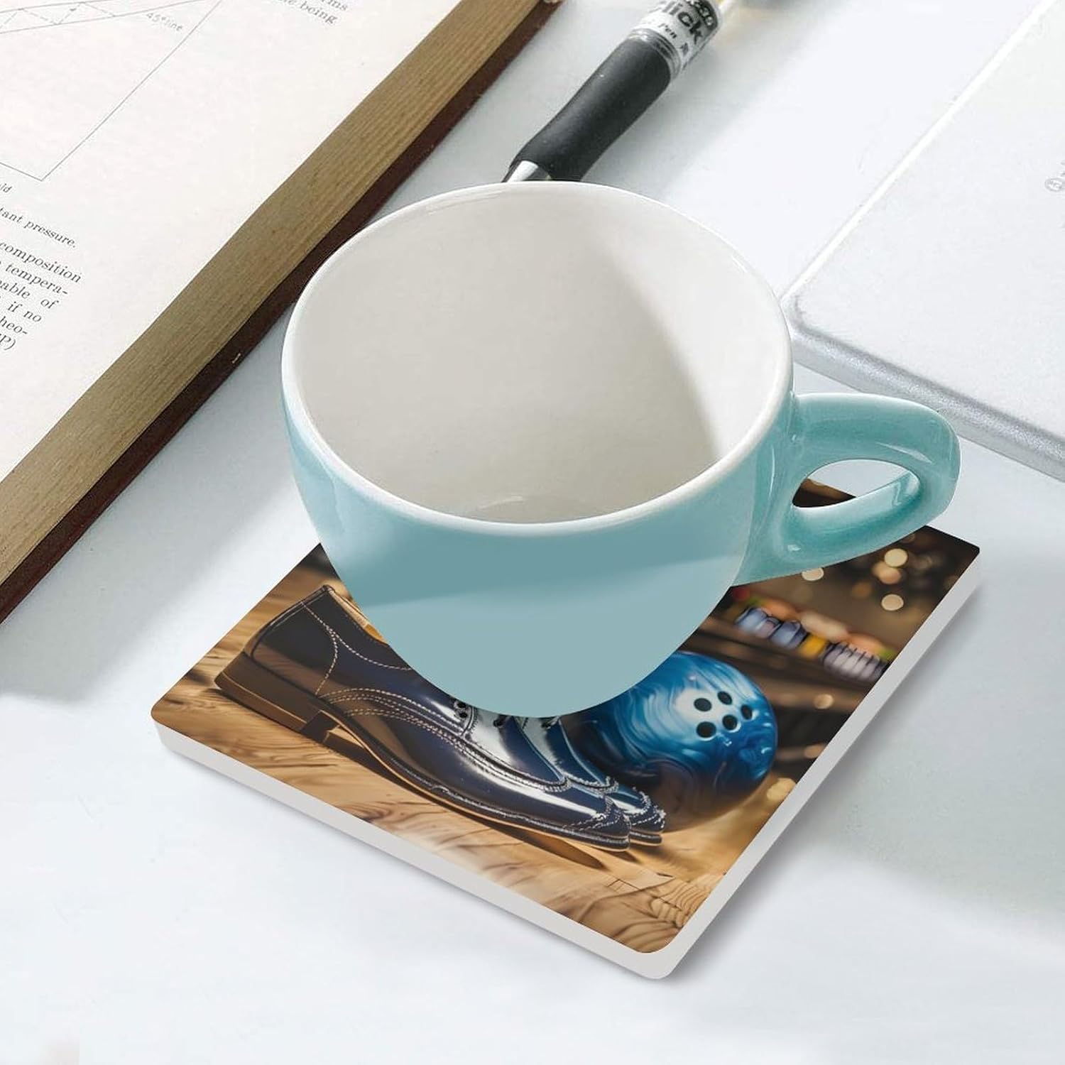 Bowling Shoe Print Coaster for Drinks Square Ceramic Table Coasters Stone Mat Crafts 6PCS Home Kitchen Decor