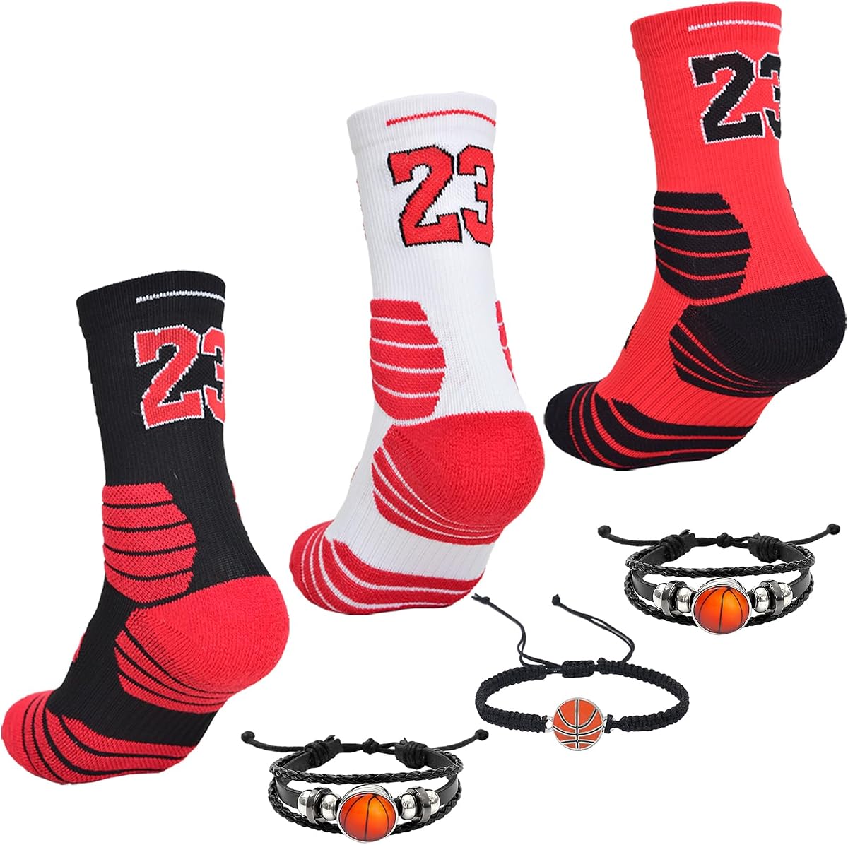 3 Pairs Basketball Crew Socks, 23 Mens Athletic Sock with Shoelace Bracelets, League Team Sports-Star-Fans Gift