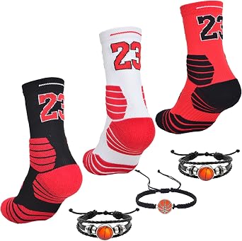 3 Pairs Basketball Crew Socks, 23 Mens Athletic Sock with Shoelace Bracelets, League Team Sports-Star-Fans Gift
