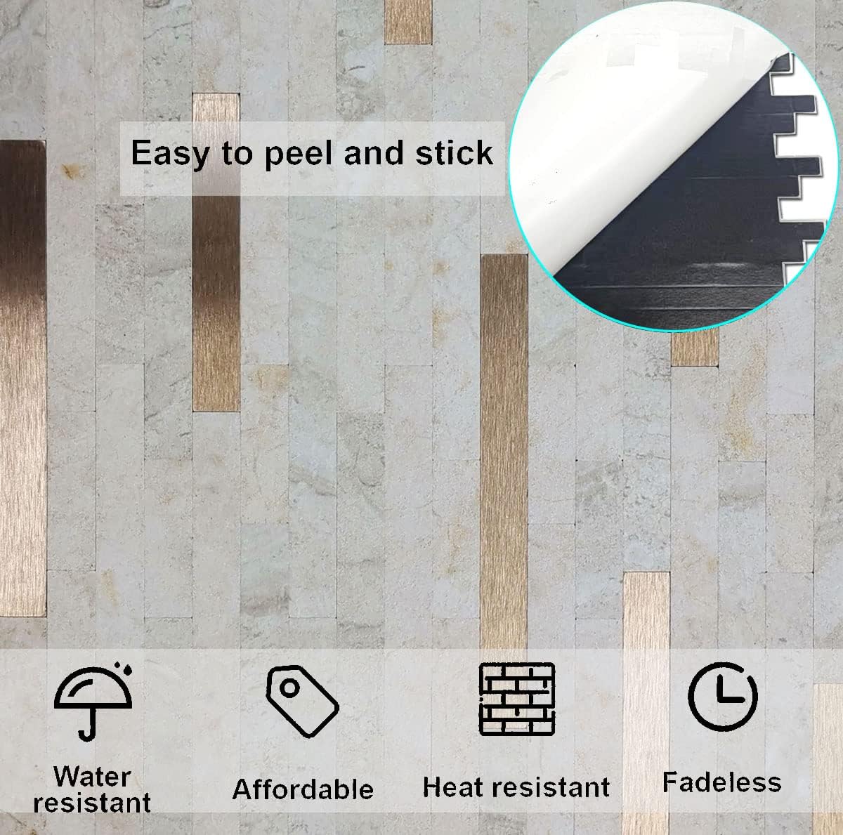 10-Sheet Peel and Stick Backsplash PVC Metal Tile，Self-Adhesive Stone Grain Wall Sticker Easy DIY Stick on Kitchen Bathroom Walls (10, Beige + Brushed Bronze)