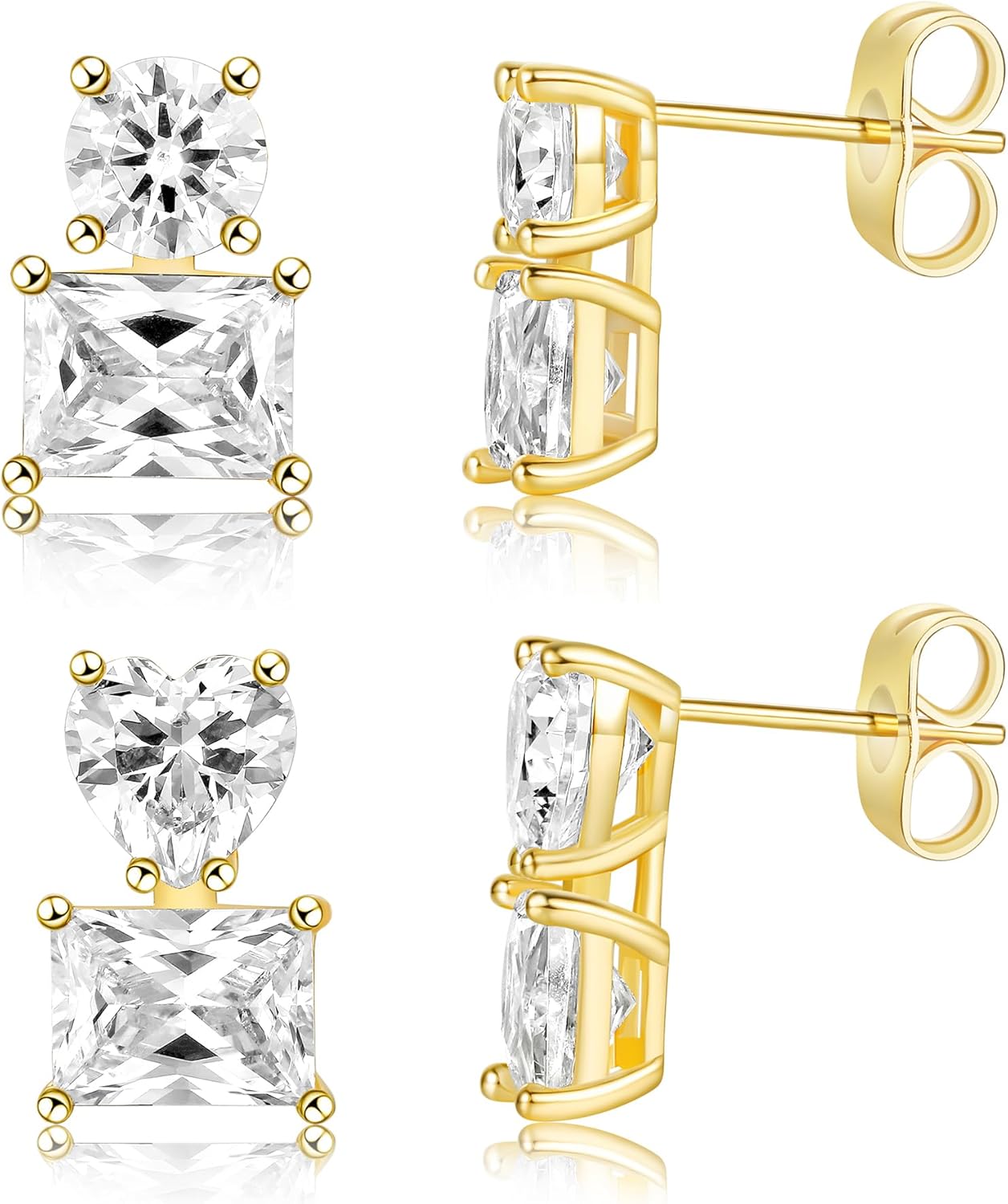 MDFUN 18K Yellow Gold-Plated Cubic Zirconia Stud Earrings for Women – 2 Pairs Round Heart Rectangle CZ Hypoallergenic Earrings