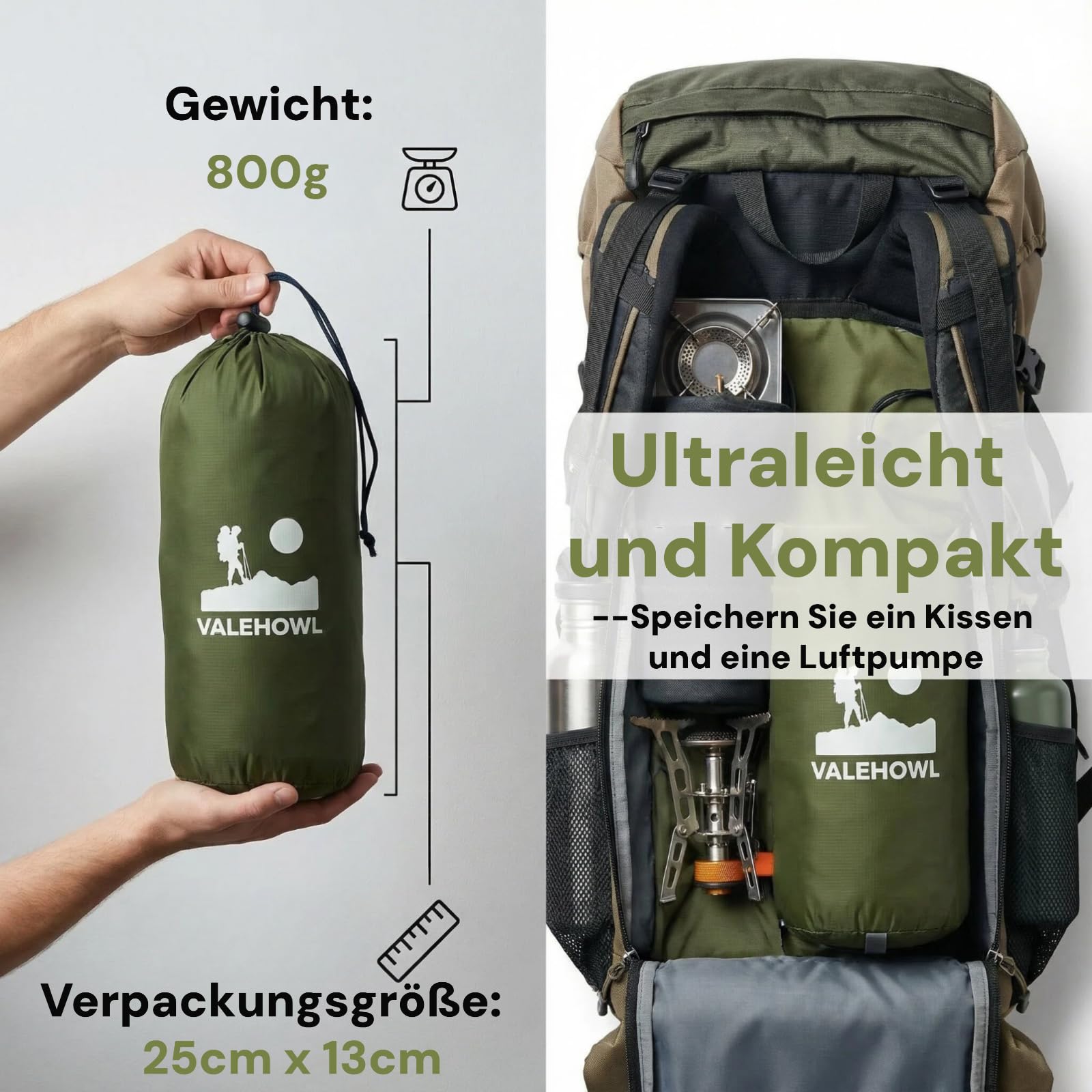 800g Ultraleichte Aufblasbare Isomatte für Camping – R-Wert 3,0 für 4 Jahreszeiten, Langlebige wasserdichte Luftmatratze für Rucksackreisen, Trekking, Outdoor