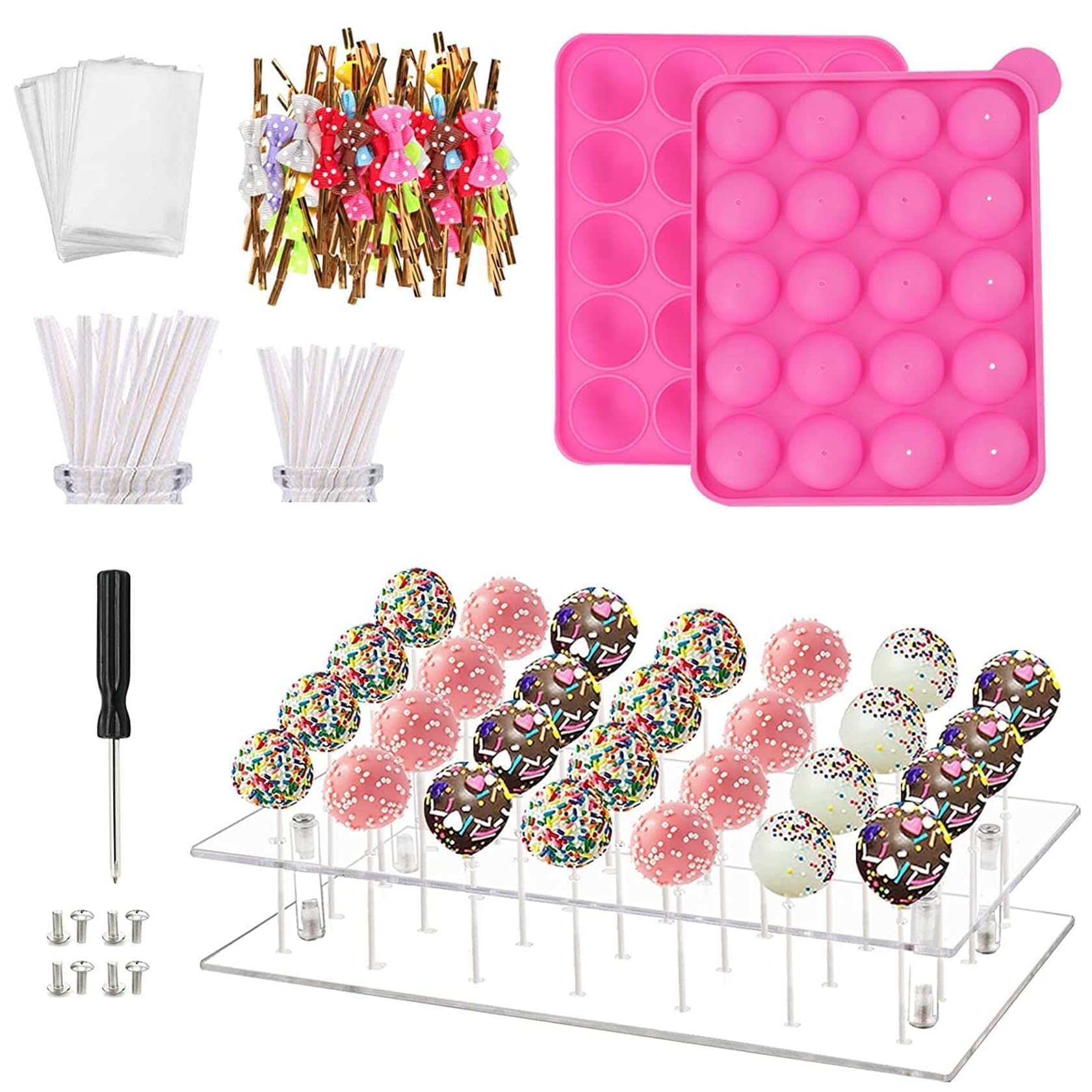 MOFASVIGI Lot de 302 moules à cake pop avec 1 support en acrylique, 1 set de moules en silicone, 100 sacs transparents, 100 bâtonnets de traitement, 100 nœuds papillon doré