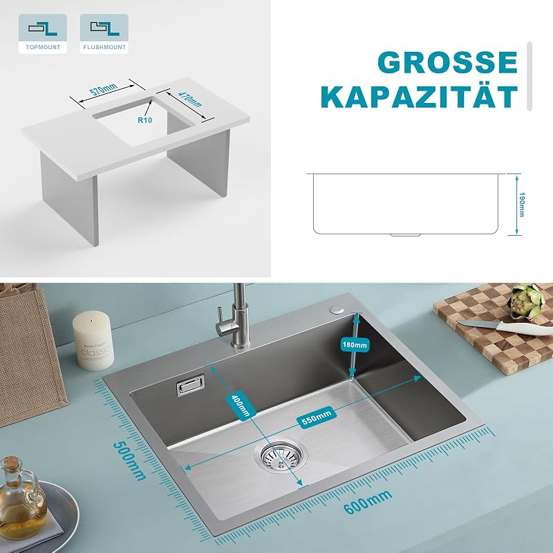 KEOKBON 60x50 cm rozsdamentes acél beépíthető konyhai mosogató túlfolyással és szifonnal