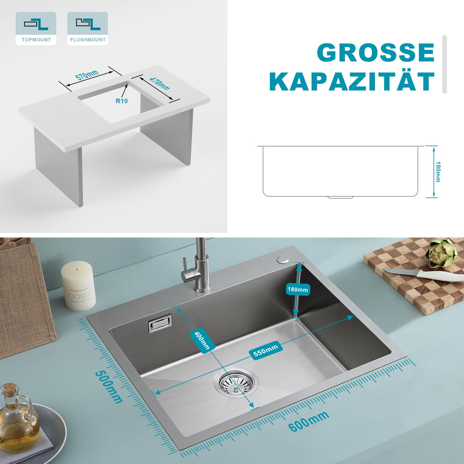 Lavello da cucina in acciaio inox 304 fatto a mano - 60 x 50 x 19 cm - con scolapiatti - 1 vasca - argento spazzolato satinato