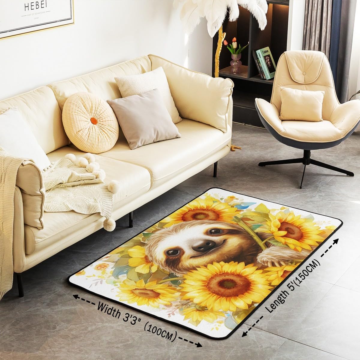 Castle Fairy Cartoon Sloth Area Rug 3'x5' Retro Yellow Sunflowers Rustic Style Non Slip Rug for Kids Boys Girls Teens Watercolor Lovely Wild Animal Indoor Floor Mat for Couch Chairs