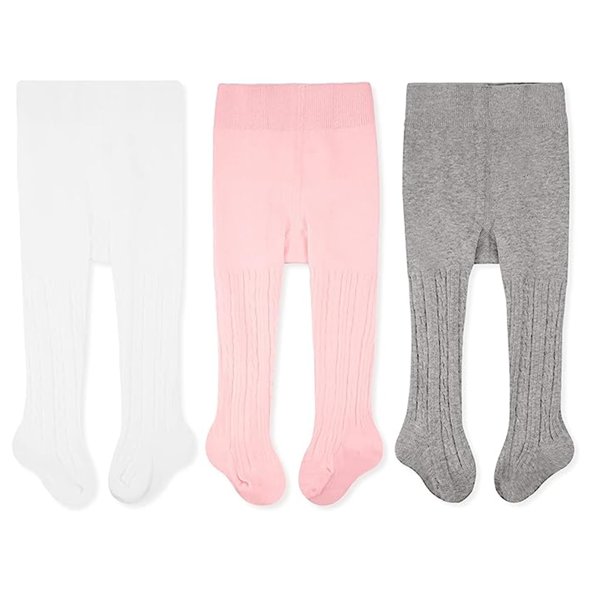 CozyWay Cable Knit Cotton Leggings/Tights for Toddler Girls, 3 Pack, White/Pink/Gray, 1-2 Years Old