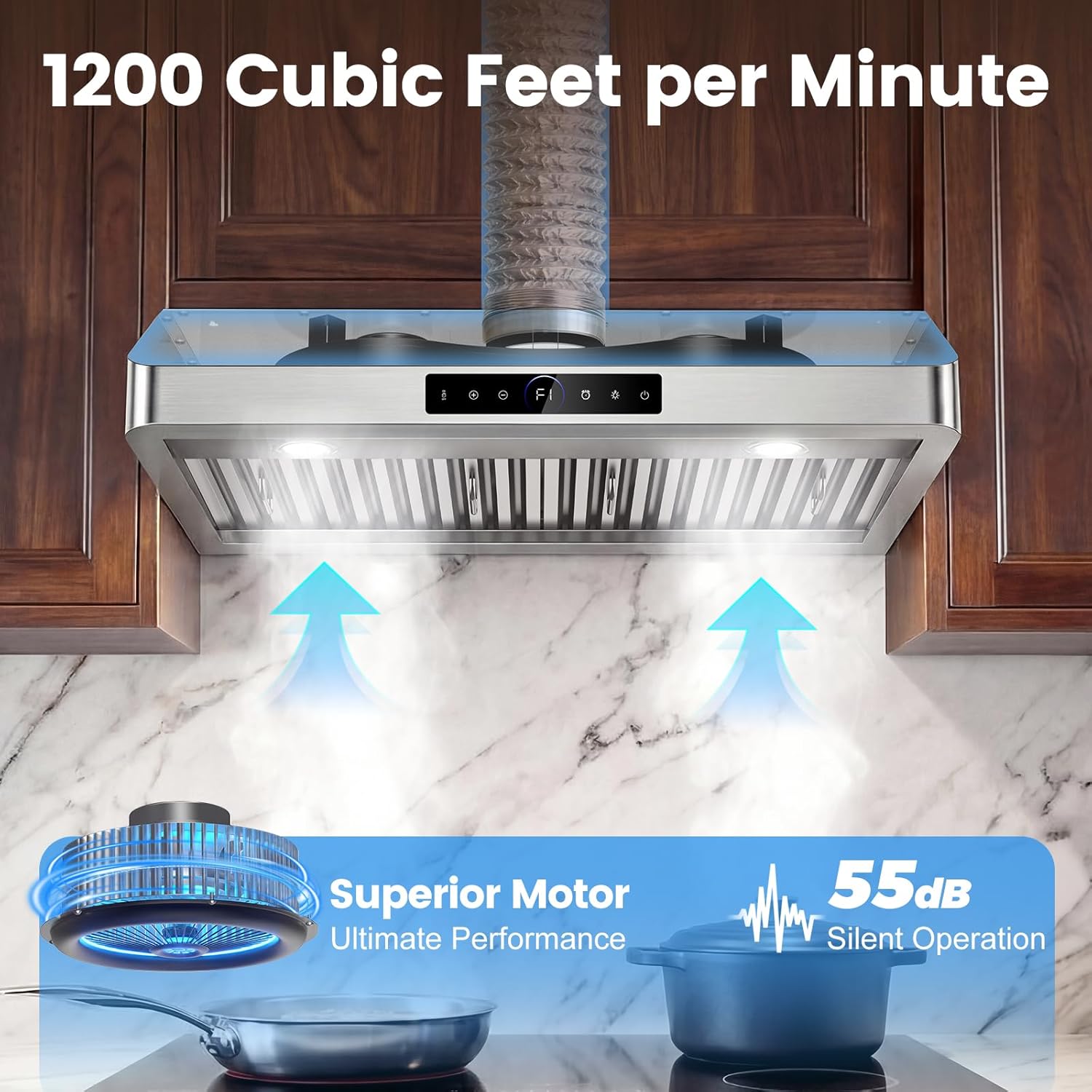 30 Inch Under Cabinet Range Hood 1200CFM, 4-Speed Kitchen Hood with Touch Control & Gesture Sensing Stainless Steel Kitchen Stove Vent Hoods, Supports Only Duct Installation