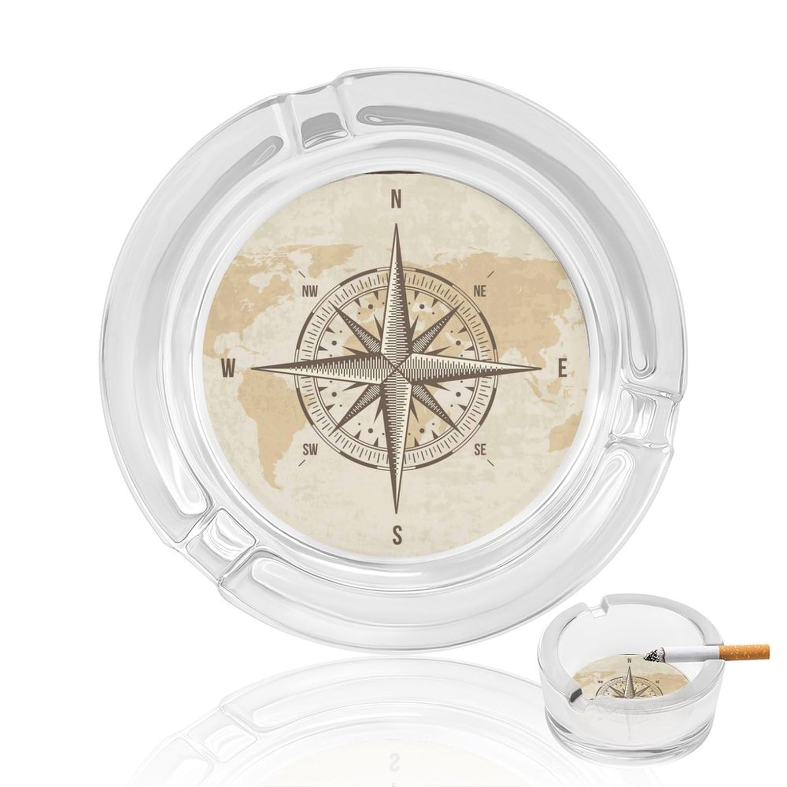 Nclqvjxzkhw Style Vintage Nautical Compass Old World Map Glass Ashtray Round Ash Tray Smoking Trays For Home Garden Outdoor