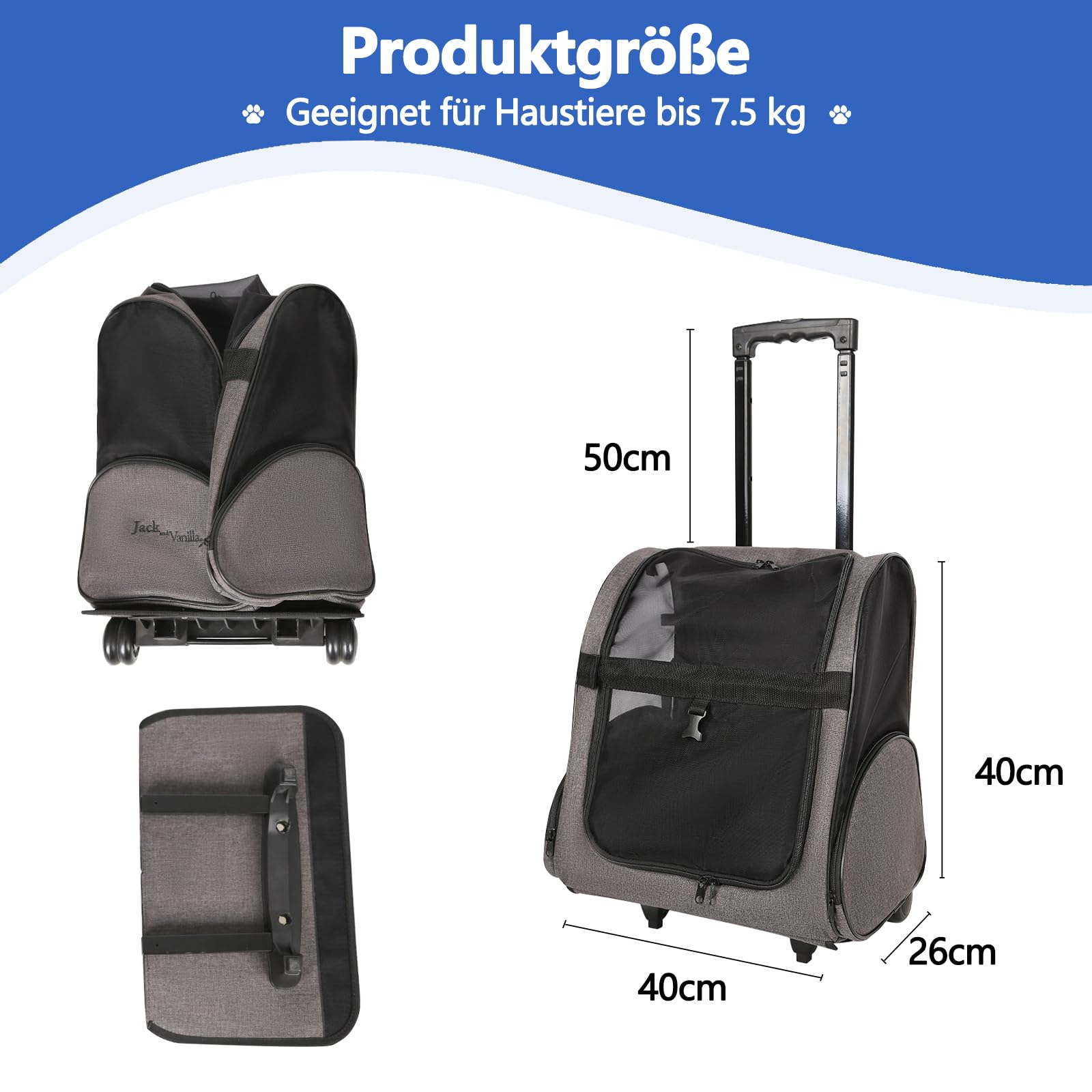 Galatée Reise-Rolltasche Für Haustiere, Oxford-Gewebe, Verstärkte Aluminium-Zugstange, Atmungsaktiv, Keine Montage Erforderlich, Faltbar Und Leicht Zu Verstauen, Geeignet Für Hunde Und Katzen (Grau)