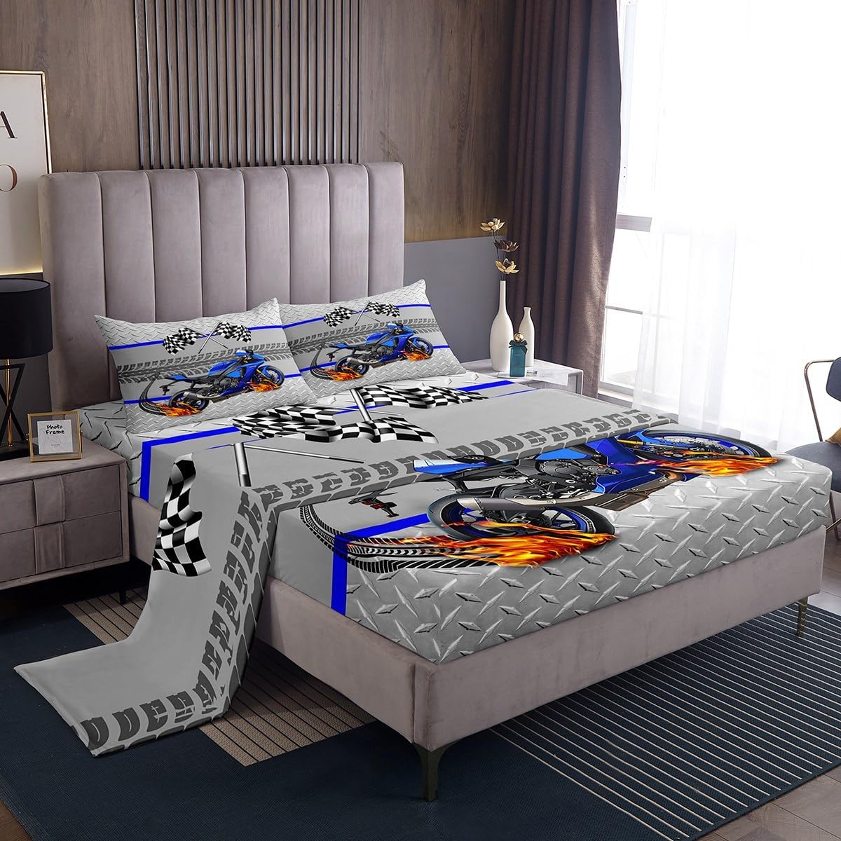 Racing Bed Sheet Set Queen,3D Print Motorcycle Extreme Racing Sport Bedding Sets for Bedroom Decor,Black White Grid Racing Flag Fitted Sheet + Flat Sheet + 2 Pillow Cases
