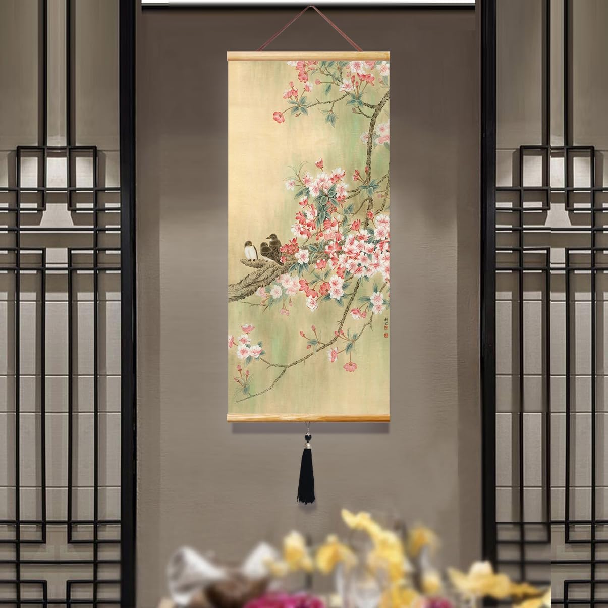 EAPEY 32x14in Asian Scroll Wall Art, Vintage Floral Canvas Prints Paintings, Ready to Hang Home Decor