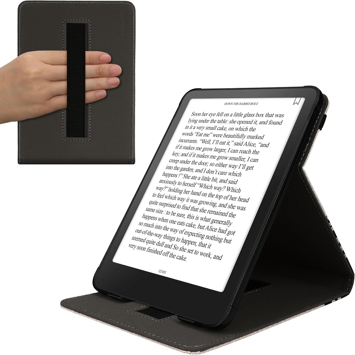 kwmobile Cover Compatible with Amazon Kindle Paperwhite (2024)/Colorsoft Case - Stand + Strap - Girl and Books Black/Beige
