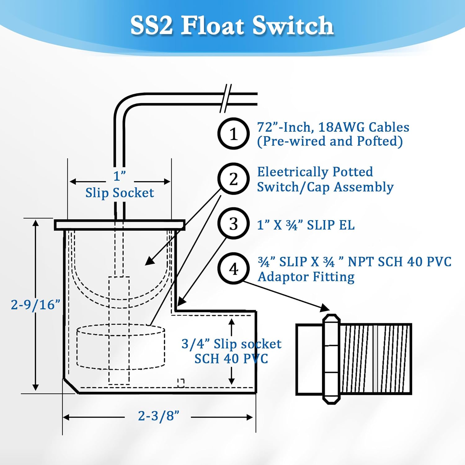 Feekoon 8 Pack SS2 Float Switch L Shape for Easy Installation, AC Float Switch with 3/4 Inch Adaptor and 6ft wire, Water Level Accessory for Air Conditioner with Condensate Overflow Detection