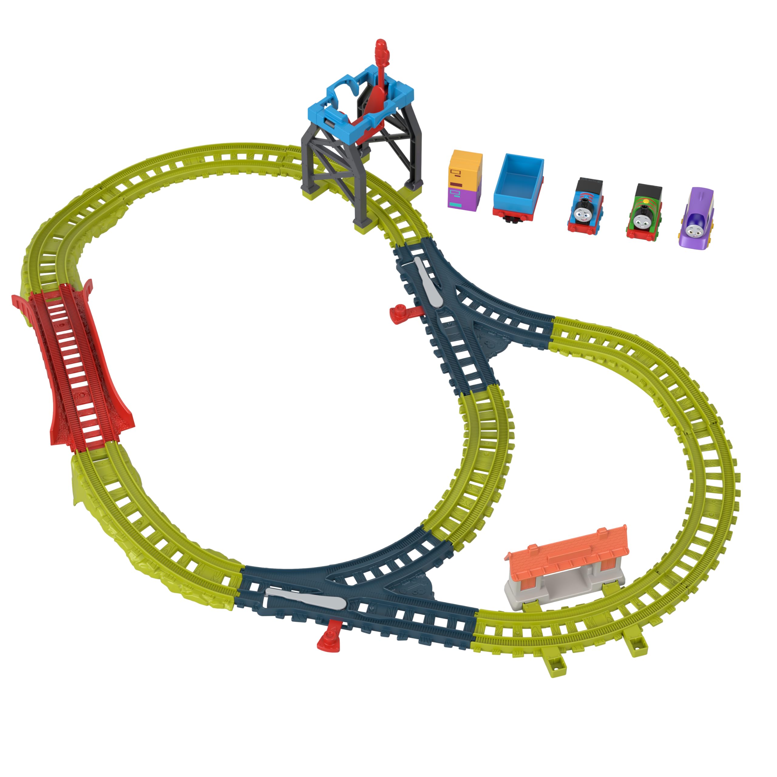 Thomas & Friends - Il Trenino Thomas - Pista Lavoro di Squadra, playset lungo 1,80m con leve degli scambi e di carico/scarico, include 3 locomotive a spinta Thomas, Percy e Kana, 3+ anni, HXV61