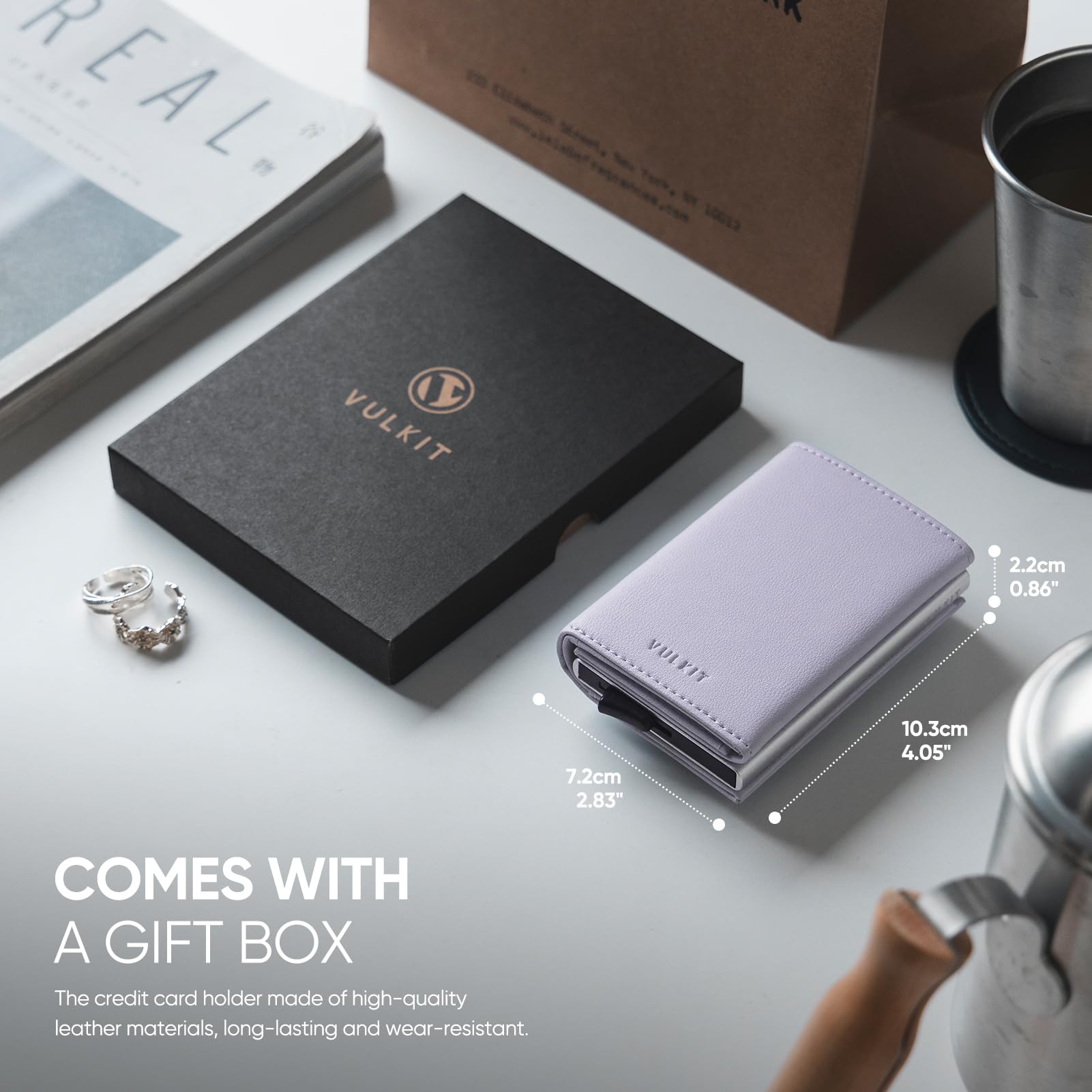 VULKIT Porta carte di credito da donna in pelle con blocco RFID, portafoglio da donna a due ante, automatico, con apertura a scomparsa e scomparto per banconote