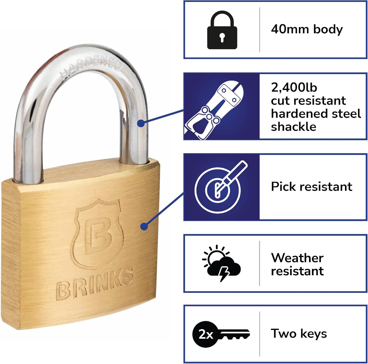 BRINKS - 40mm Solid Brass Keyed Padlock with 7/8” Shackle Clearance - Chrome Plated With Hardened Steel Shackle : Tools & Home Improvement