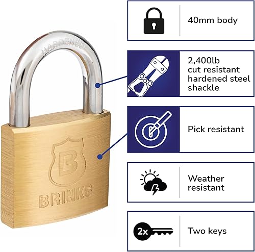 Miniatura 2 de BRINKS - Candado con llave de latón macizo de 1.575 in con espacio libre de grillete de 78" - Cromado con grillete de acero endurecido