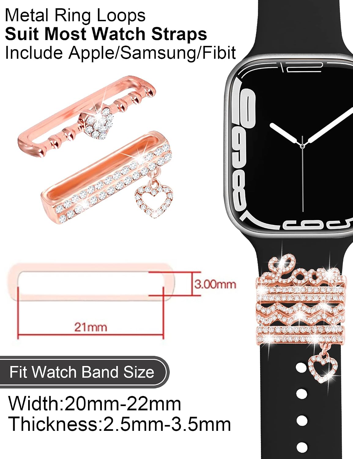 JR.DM 11-Pcs Super Bling Watch Charms with 9-Pcs Decorative Rings Loops 2-Pcs Decoration, Compatible with Apple Watch Band Metal Diamond Sliding Accessories for iWatch Series 11 10 9 8 7 6 5 4 3 2 1 image 4