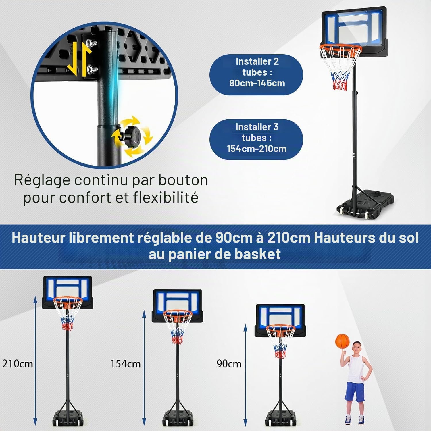FANTASK Panier de Basket réglable en Hauteur de 90 à 210 cm avec Support et 2 Roues, Panier pour Enfants, Adolescents, Bleu