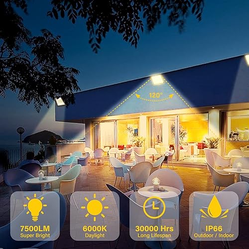 Miniatura 5 de RIGIDON Luz de inundación LED de 75 W para exteriores, 7500 lúmenes, luces súper brillantes para exteriores, 4000 K, luz diurna blanca cálida, IP66,