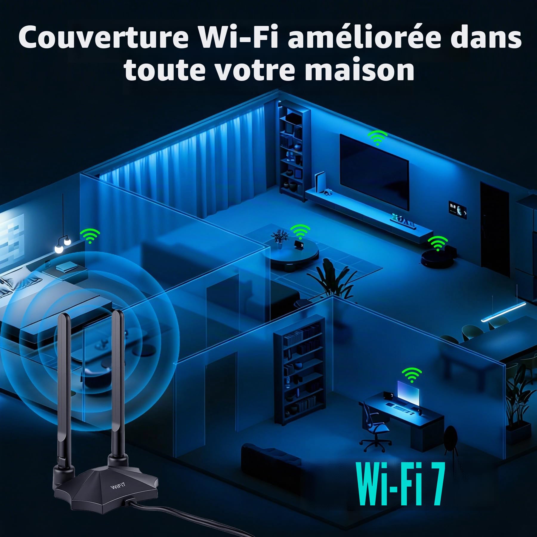 Antenne WiFi 7 - Base magnétique - 9 dBi - Antenne WLAN avec fiche mâle RP-SMA pour routeur WiFi 7/6E - Ordinateur de bureau - Carte PCI-E Asus Gigabyte - Carte mère de jeu