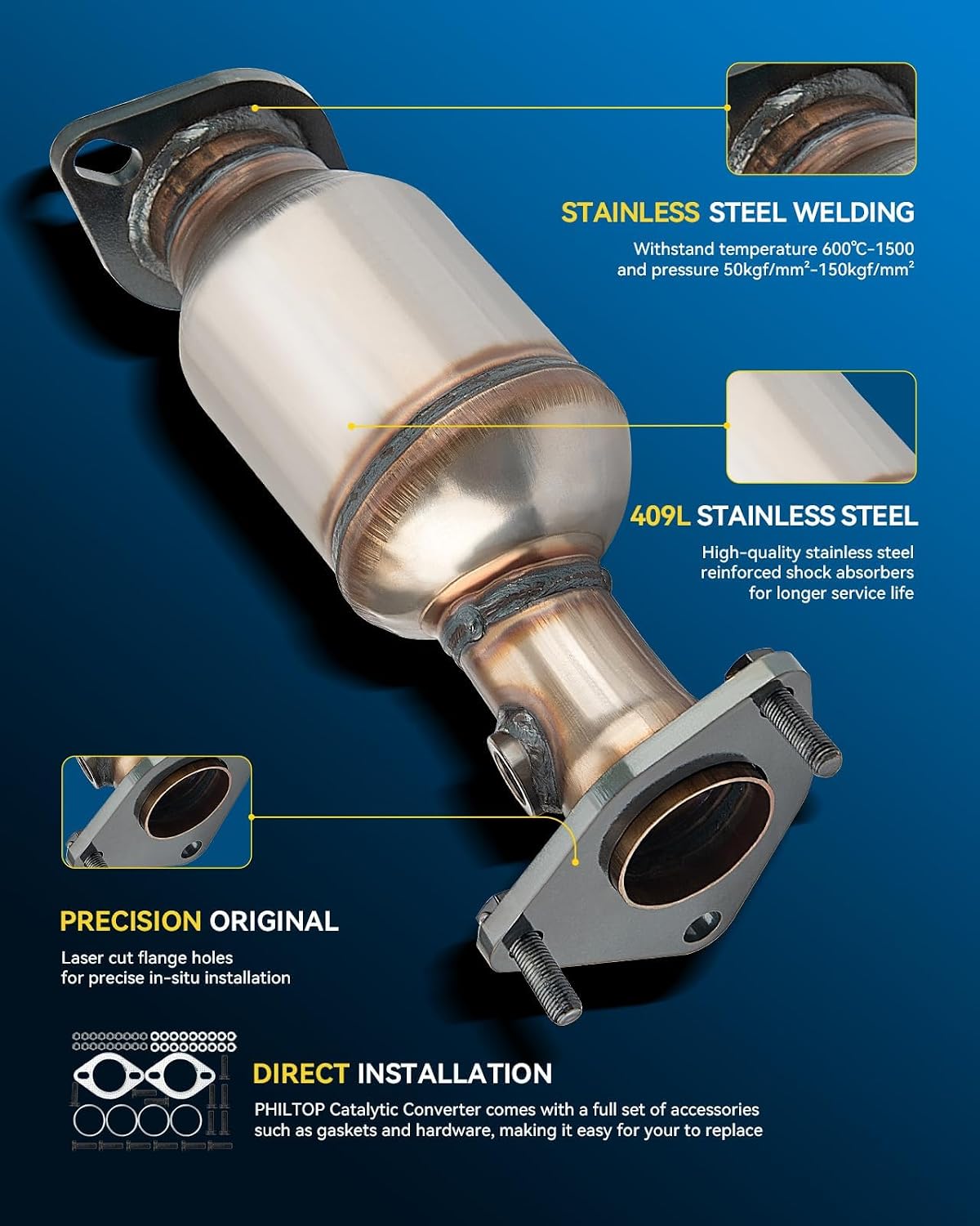 PHILTOP Catalytic Converter High Flow Performance Compatible with Frontier 2005-2018 4.0L, Pathfinder 2005-2012 4.0L, Xterra 2005-2015 4.0L, NV2500 4.0L, NV1500 4.0L Stainless Steel Shell