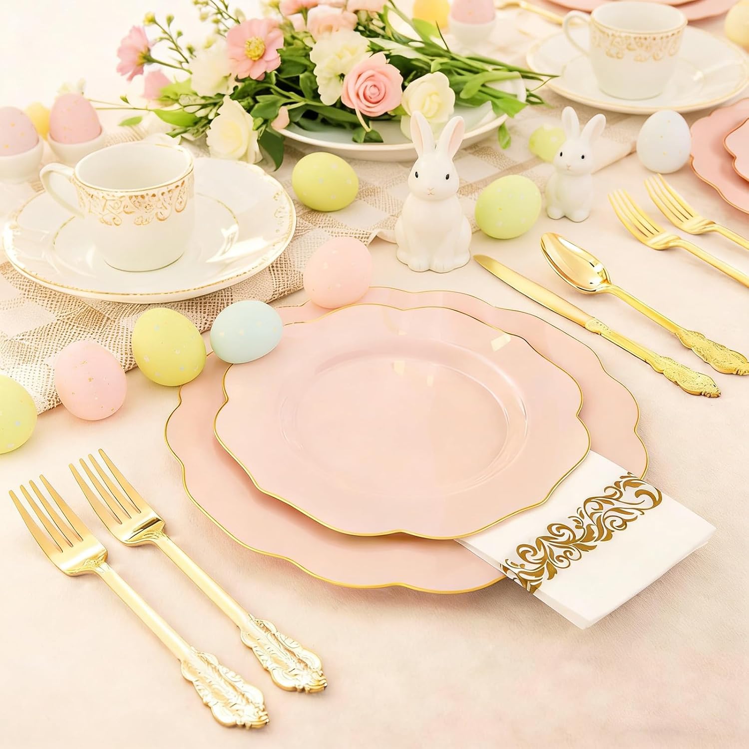 NOCCUR 175PCS Pink Plates with Gold Disposable Silverware - Include 50 Pink Plastic Plates,25 Knives,25 Forks,25 Spoons,25 Cups and 25 Napkins - Ideal for Party/Wedding/Easter Day