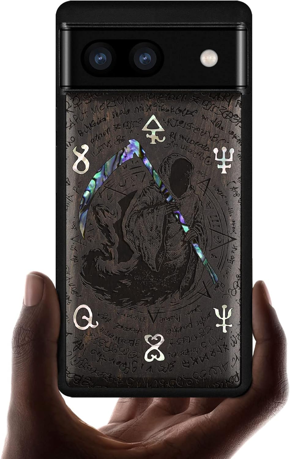 Carveit Designer Wooden Case for Google Pixel 6a Case Protective Cover [Wood Engraving & Shell Inlay] Compatible with Pixel 6a (Grim Reaper-Blackwood)