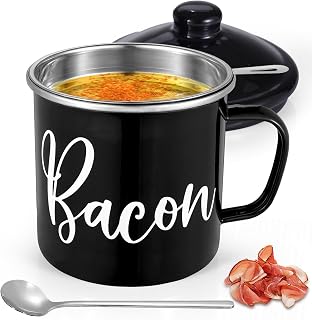Bacon Grease Saver with Strainer - Mini 15oz Enamel Grease Container, Farmhouse Bacon Grease Keeper For Kitchen Fat Storage, Dishwasher Safe- Black