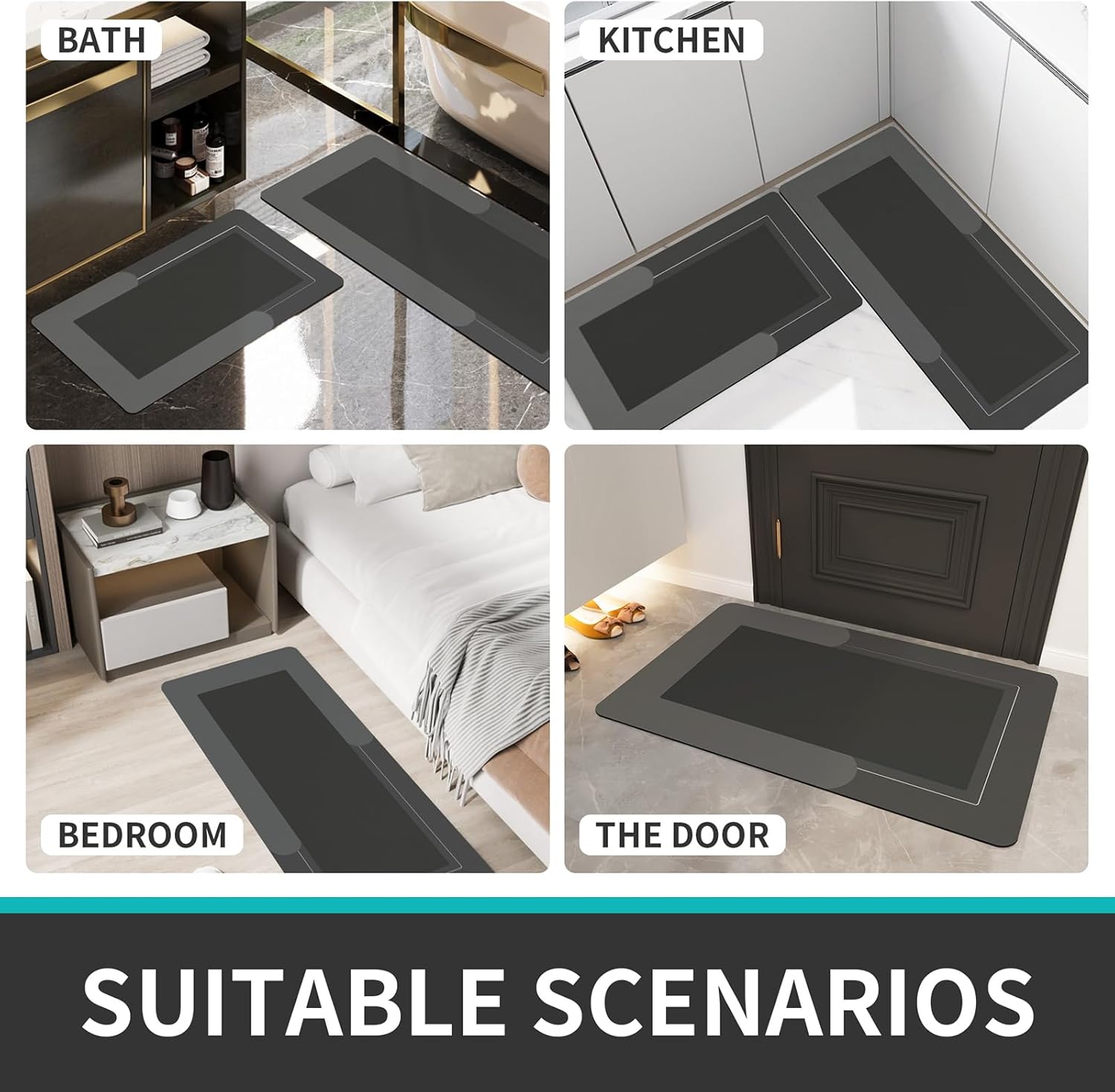 Schweek 3Pcs Absorbent Bath Mat Rug Sets, Non-Slip Quick Dry Bathroom Rugs with Toilet Mats Rubber Floor Bath Mats for Tub, Shower and Bathroom, Dark Grey