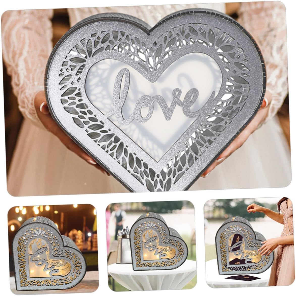 MAGICLULU Wooden Heart Card Box with Glitter Hollow Design Portable Wedding Card Holder Anniversary Greeting Storage Box for Valentine’s Day and Birthday Events