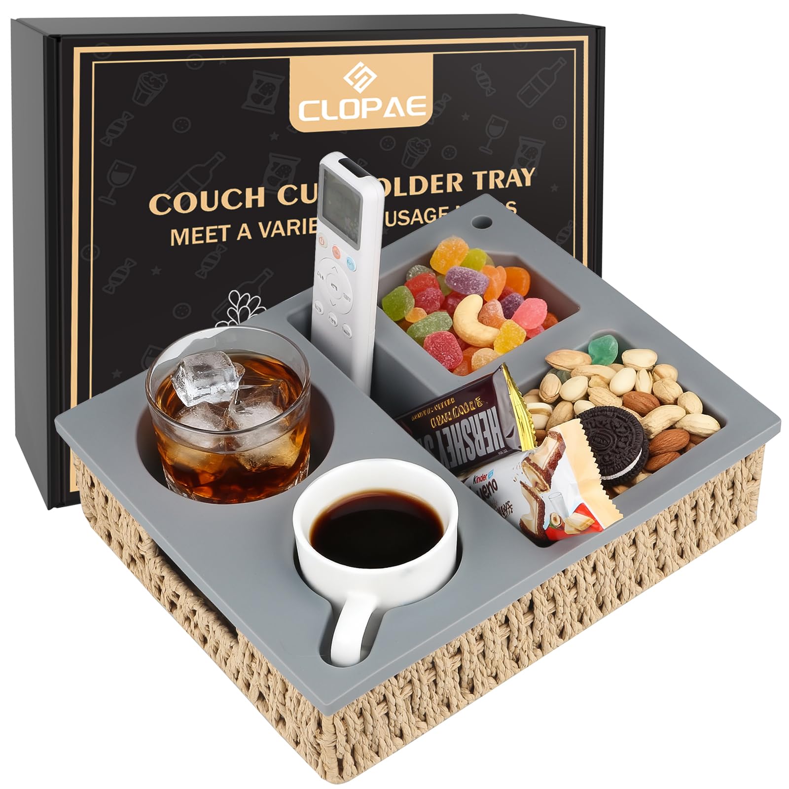 CLOPAE Couchbar Snackbox, Couch Bar, Mit Abnehmbarem Deckel, Rattan-Snackbox für Sofa, Snackbox mit Fächern, Sofaablage für Wohnzimmer Schlafzimmer Garten Camping, Personalisierte Geschenke