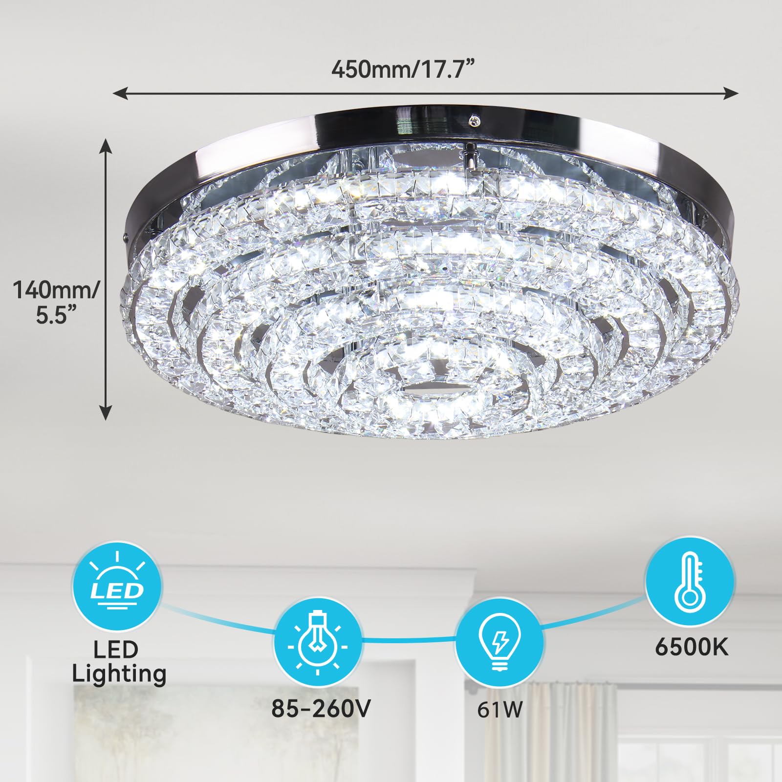 FRIXCHUR 45 cm Runde Kristall LED Deckenleuchte, 6000K Tageslichtweiß | Moderne Edelstahl-Deckenlampe mit Kristalloptik für Wohnzimmer, Schlafzimmer, Küche und Flur; klares kaltweißes LED-Licht