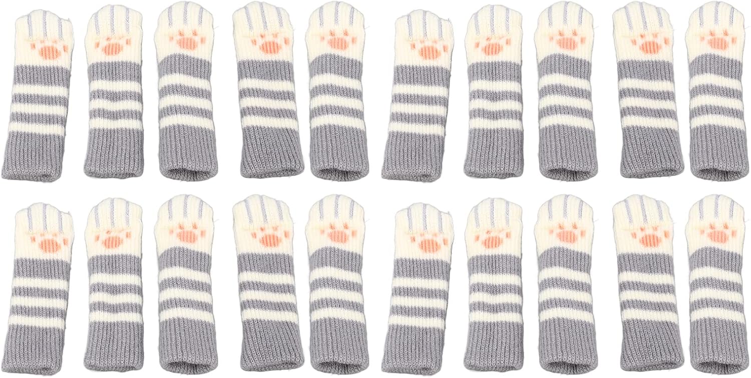 20 Pcs Cat Paw Chair Socks – Thickened Knitted Chair Leg Floor Protectors, Non-Slip Furniture Socks for Hardwood Floors, Cute Cat Furniture Covers for Home Office (Dark Grey Stripe)