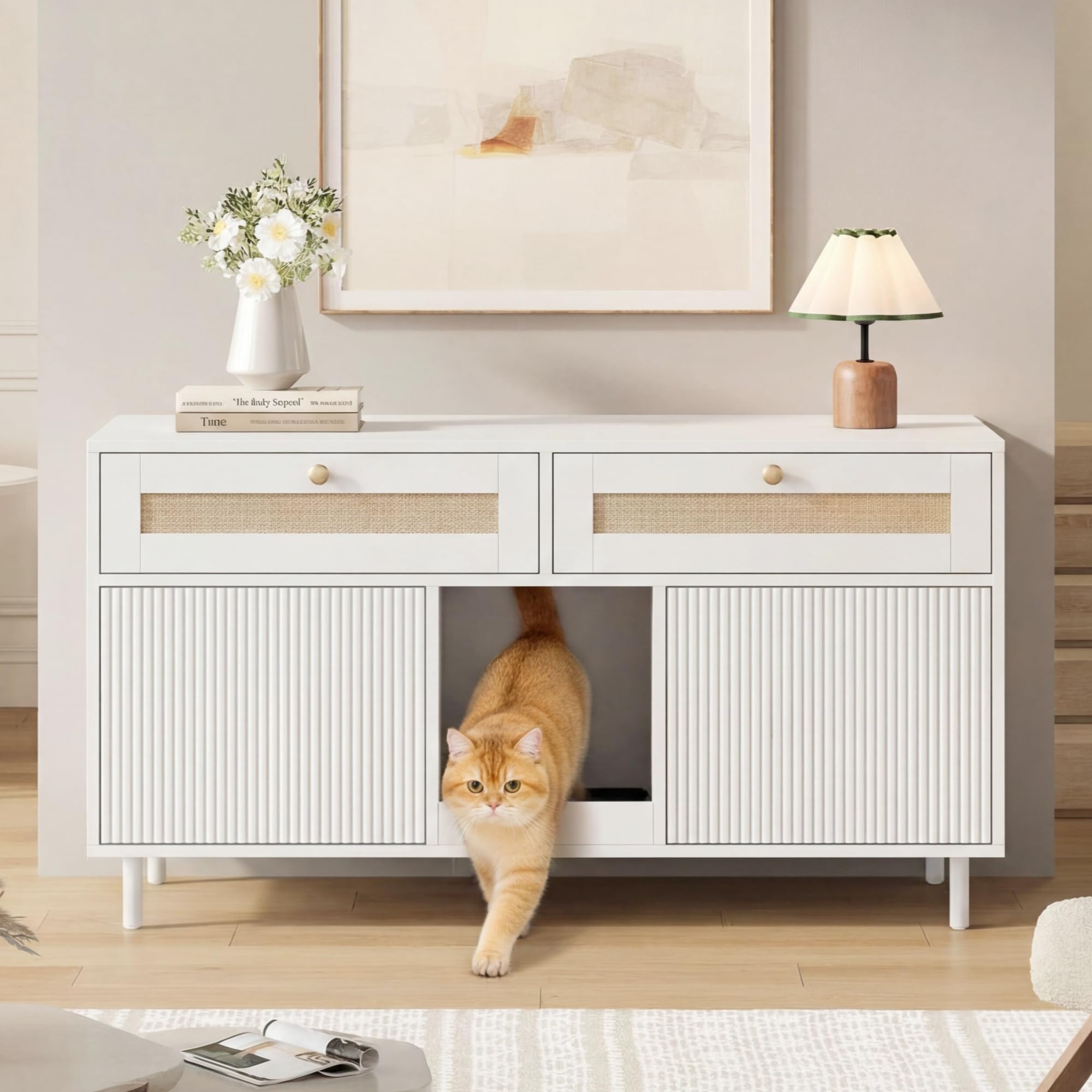 Katzentoilettenschrank mit Katzenstreufangmatte, Katzenstreuschrank, Haustierschrank mit Rattanschublade, Haustier-Sideboard/TV-Schrank, ohne Katzenstreu-Box, Weiß, 120x50x65 cm