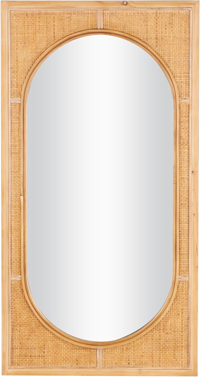 deco 79 Rattan Room Wall Mirror Entryway Mirror with Oval Center, Wall Mounted Mirror 22" x 1" x 42", Brown